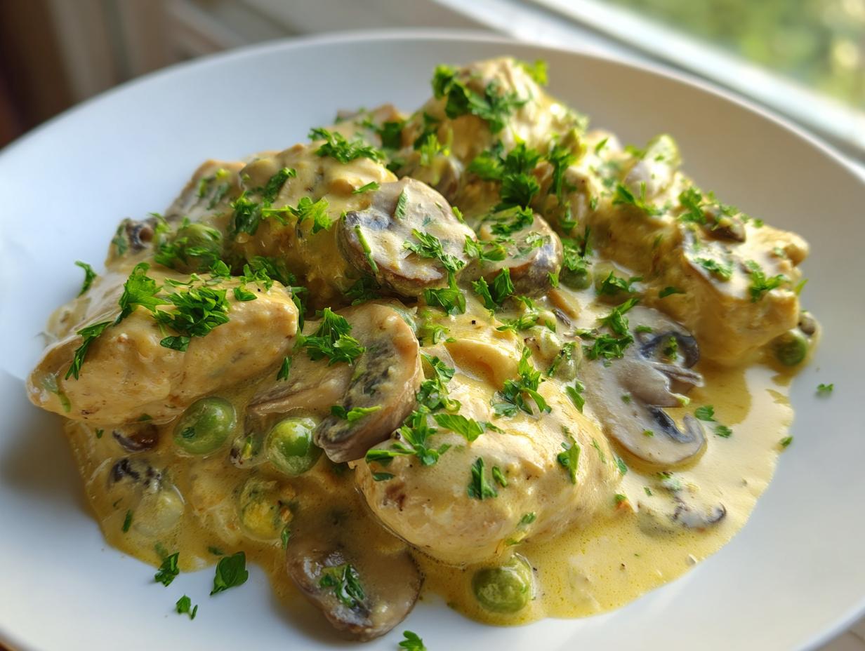 Teller mit cremigem Hühnerfrikassee Rezept klassisch von Mama, garniert mit Pilzen, Erbsen und Petersilie.
