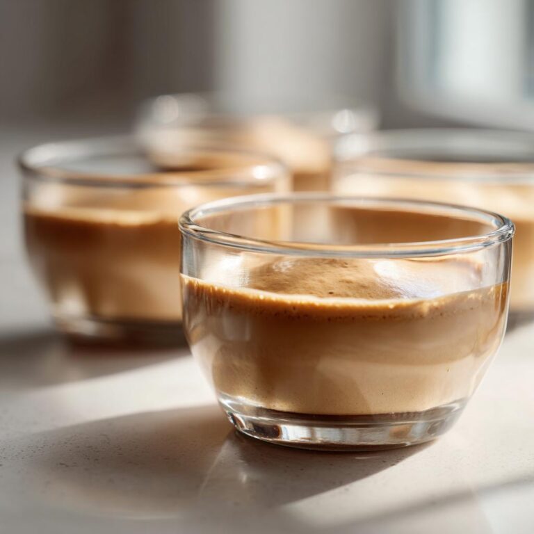 Vier kleine Gläser mit fertiger, cremiger Kaffeecreme Rezept, im Vordergrund scharf abgebildet.