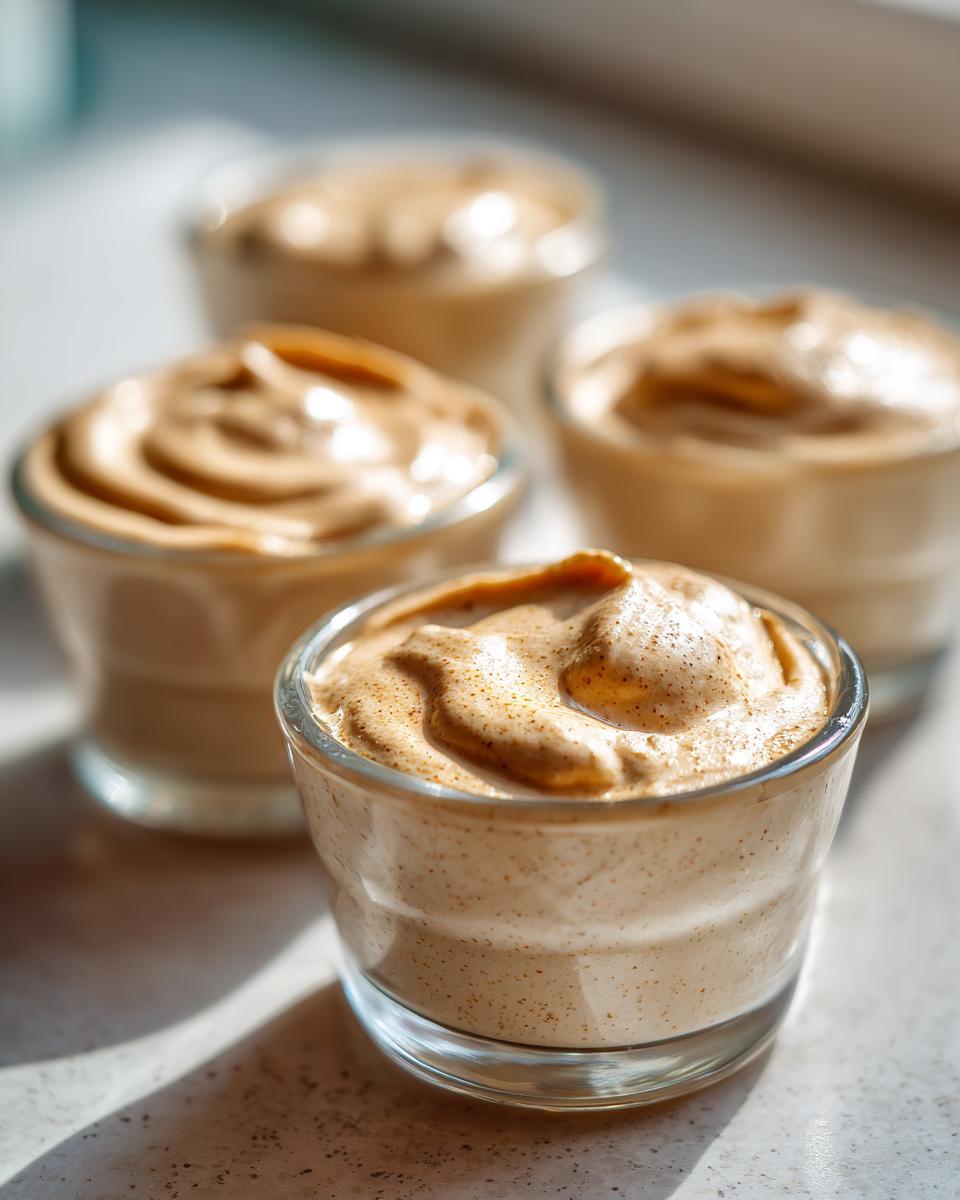 Vier kleine Gläser mit luftiger, brauner Kaffeecreme, bestreut mit Gewürz.