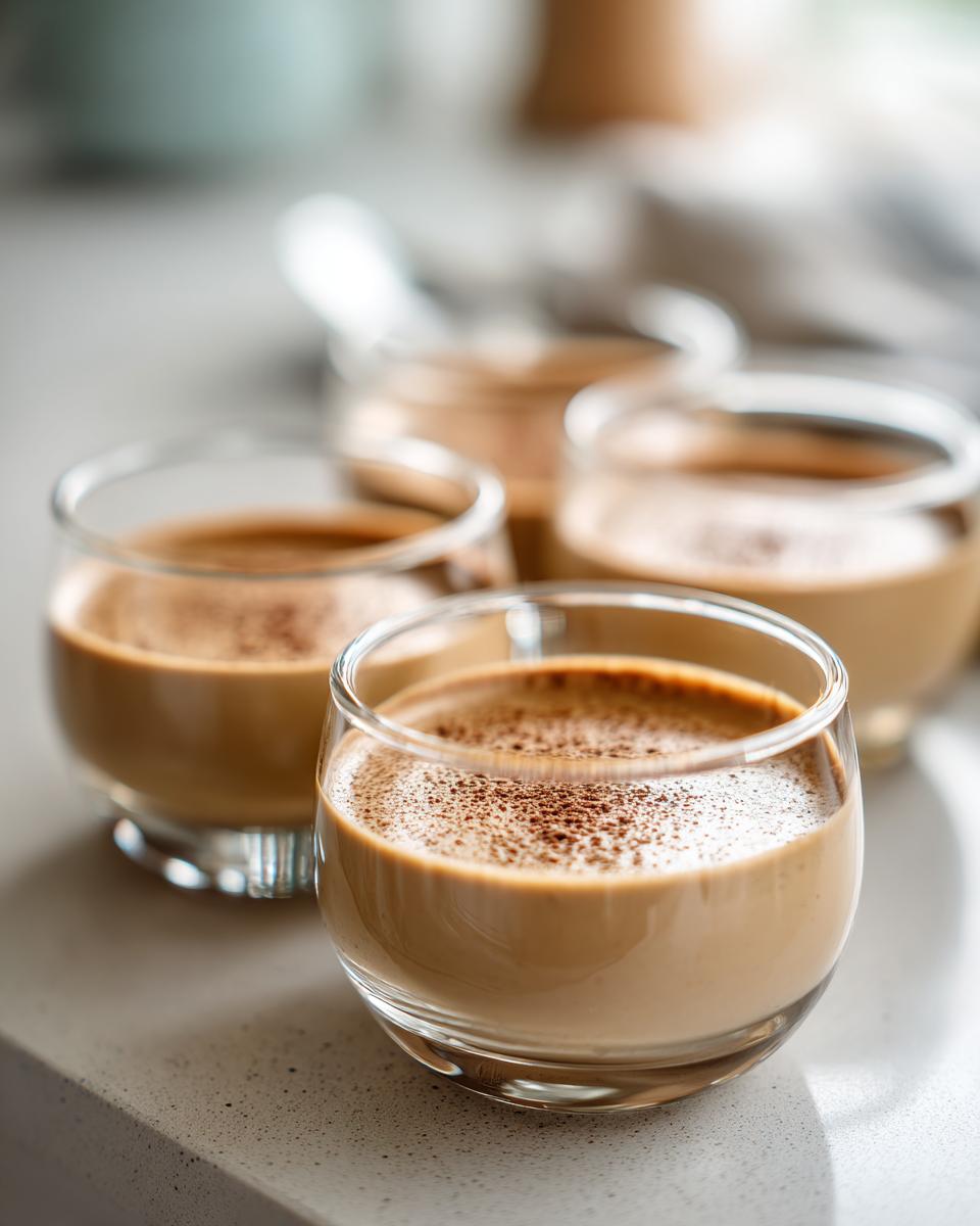 Vier kleine Gläser mit cremiger Kaffeecreme, bestäubt mit Kakaopulver. Perfekt für das Kaffeecreme Rezept.