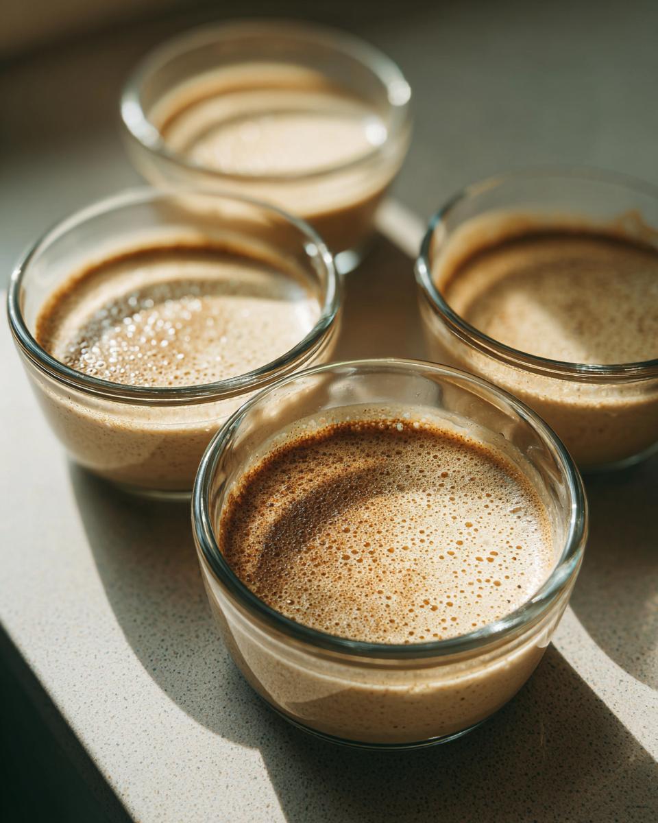 Vier kleine Gläser mit fertiger Kaffeecreme Rezept, die im Sonnenlicht stehen.