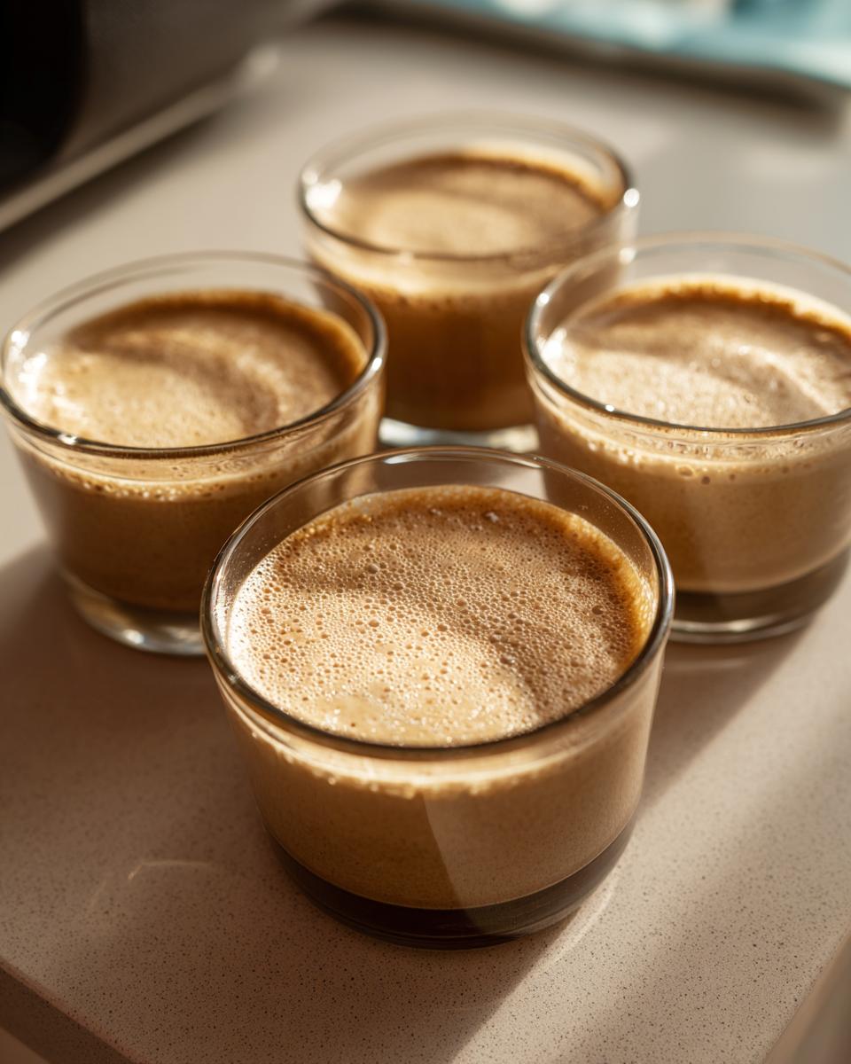 Vier kleine Gläser mit fertiger, schaumiger Kaffeecreme Rezept, angerichtet auf einer hellen Oberfläche.