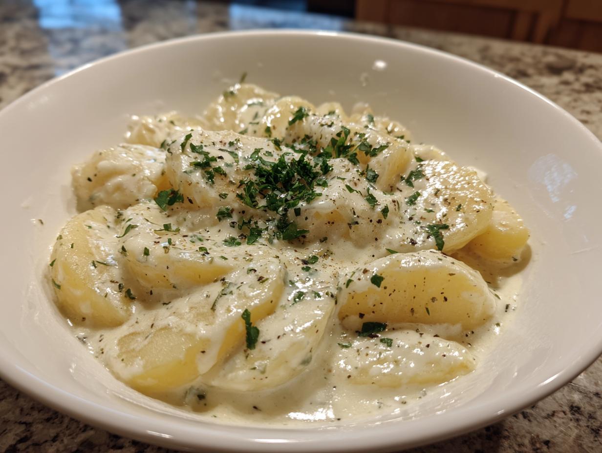 Gekochte Kartoffelscheiben in einer reichhaltigen, cremigen Knoblauchsoße, garniert mit Petersilie und Pfeffer. Kartoffeln in cremiger Knoblauchsoße mit 400 ml Kochsahne.