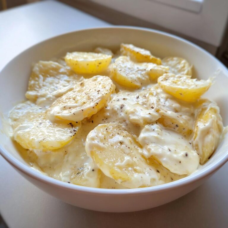 Servierfertige Kartoffeln in cremiger Knoblauchsoße mit 400 ml Kochsahne, bestreut mit Pfeffer.