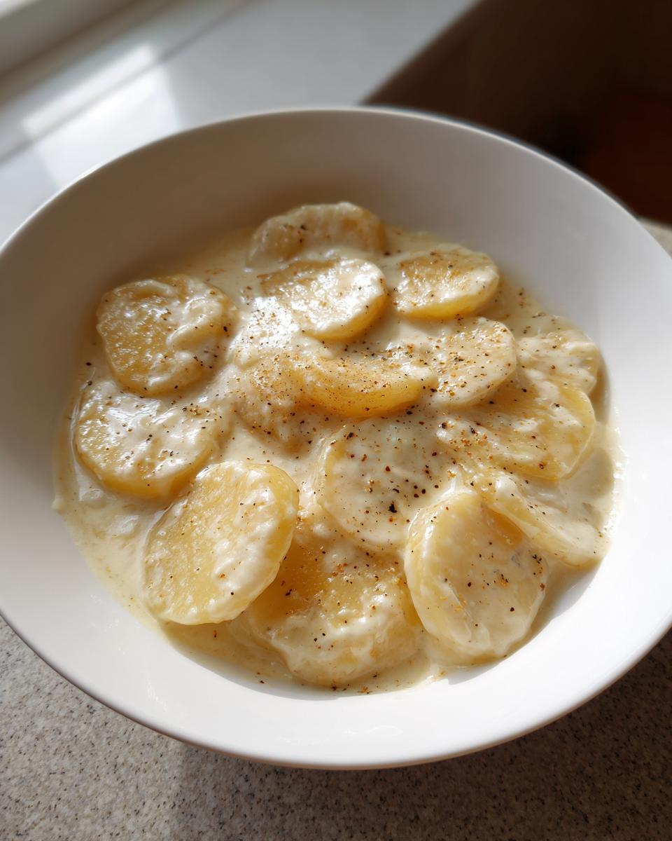 Eine weiße Schüssel mit Kartoffelscheiben in cremiger Knoblauchsoße, bestreut mit schwarzem Pfeffer.
