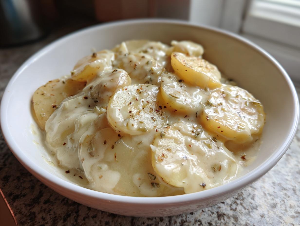 Nahaufnahme von Kartoffeln in cremiger Knoblauchsoße mit 400 ml Kochsahne, bestreut mit Kräutern.