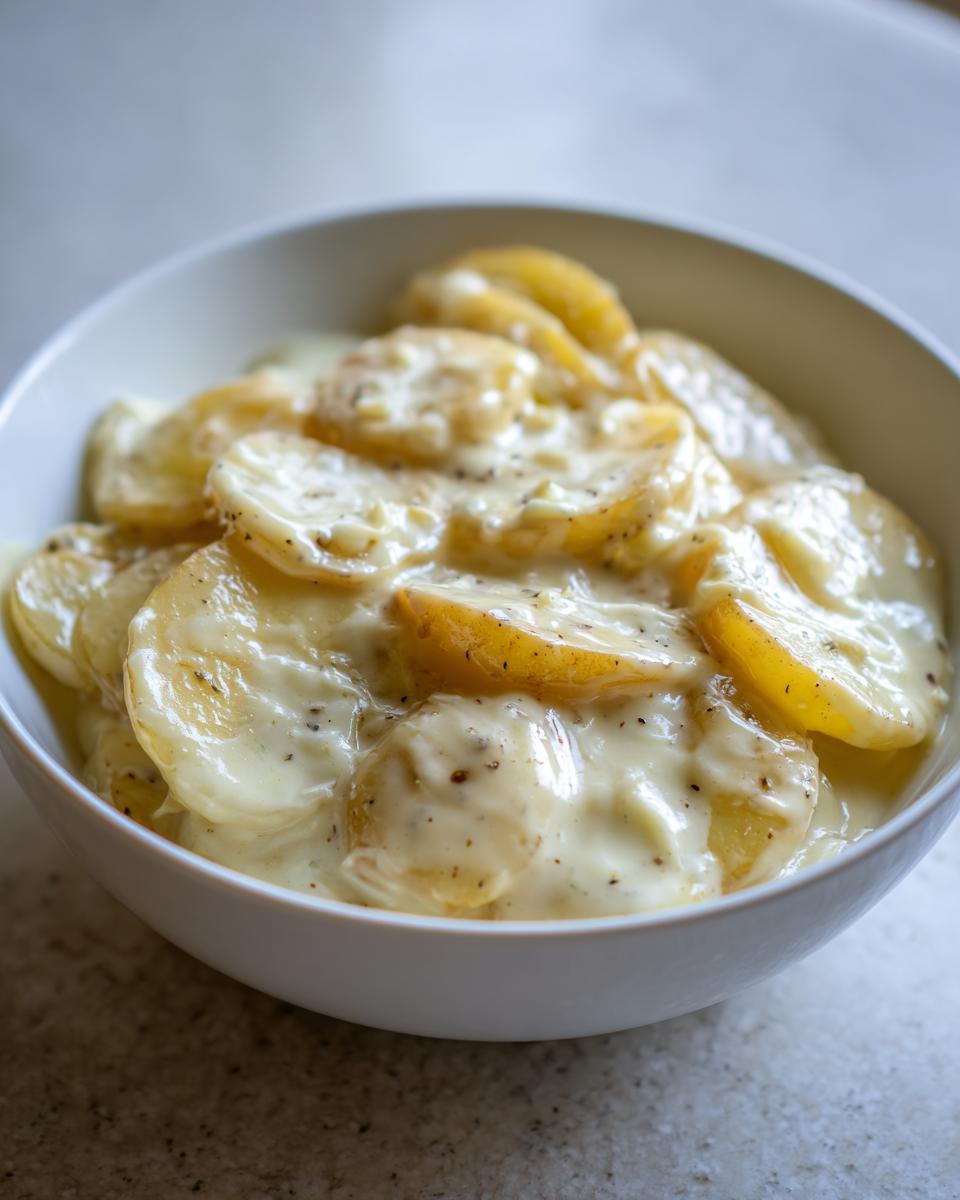 Servierfertige Kartoffeln in cremiger Knoblauchsoße mit Kochsahne in einer weißen Schüssel.