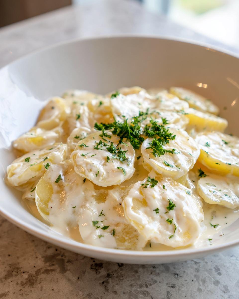 Kartoffeln in cremiger Knoblauchsoße mit 400 ml Kochsahne, garniert mit frischer Petersilie in einer weißen Schüssel.