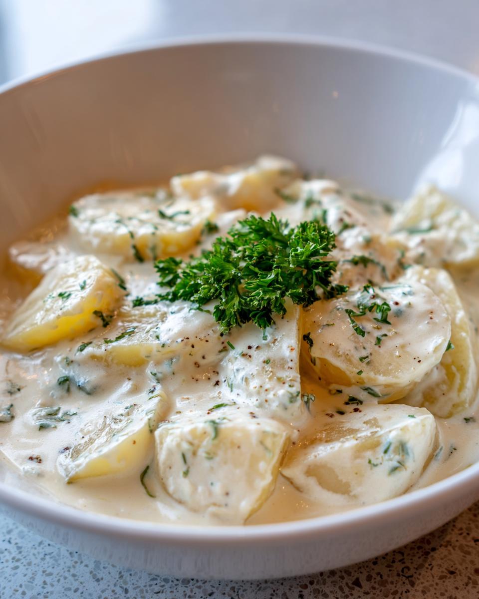 Nahaufnahme von Kartoffeln in cremiger Knoblauchsoße mit 400 ml Kochsahne, garniert mit Petersilie.