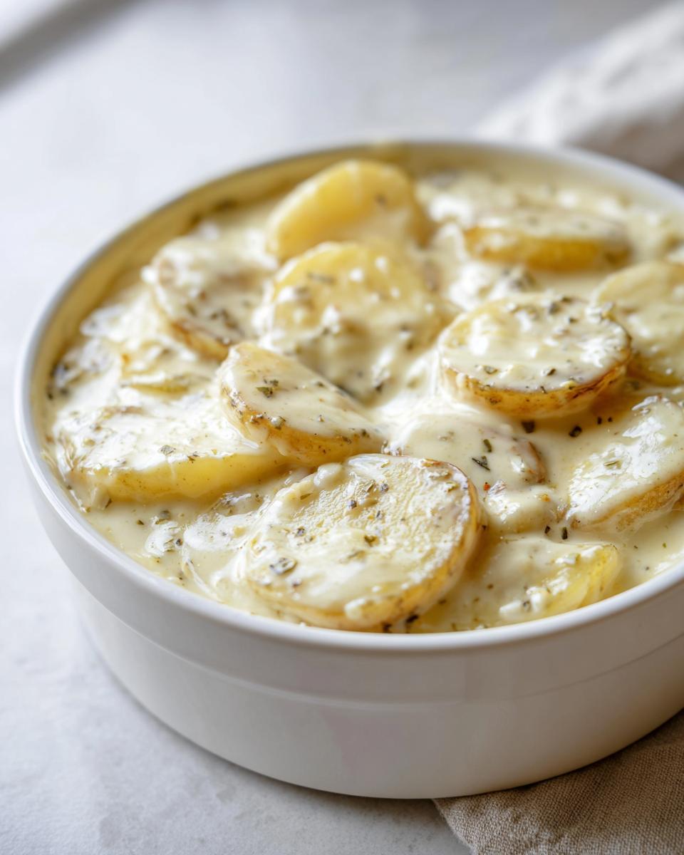 Nahaufnahme von Kartoffeln in cremiger Knoblauchsoße mit Kräutern in einer weißen Auflaufform.