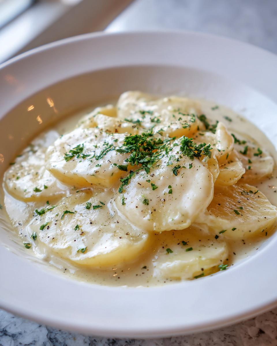 Gekochte Kartoffelscheiben in einer cremigen Knoblauchsoße, garniert mit Petersilie für Kartoffeln in cremiger Knoblauchsoße mit 400 ml Kochsahne.