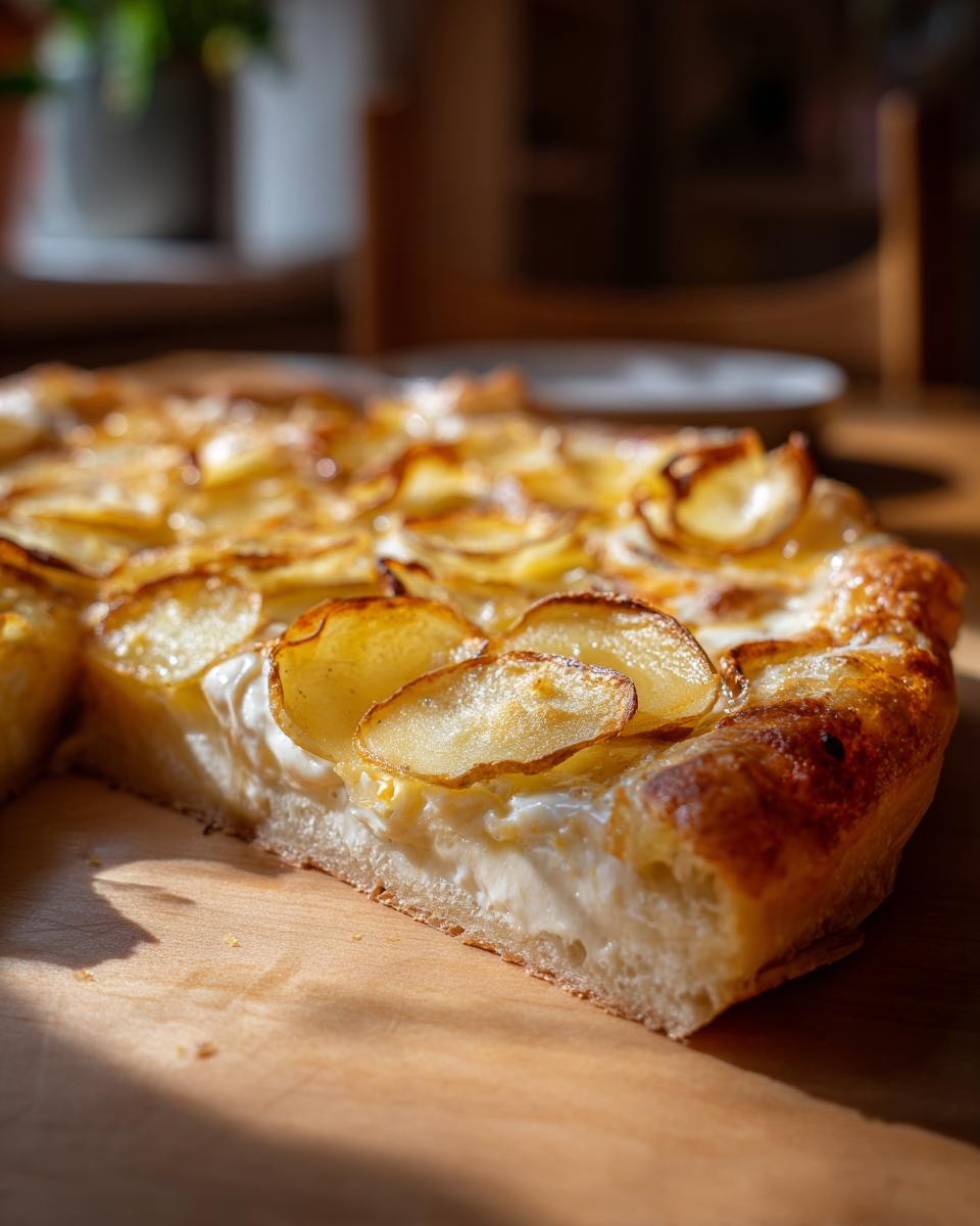 Nahaufnahme eines angeschnittenen Stücks Kartoffelpizza mit cremiger Füllung und goldbraunen Kartoffelscheiben obenauf.