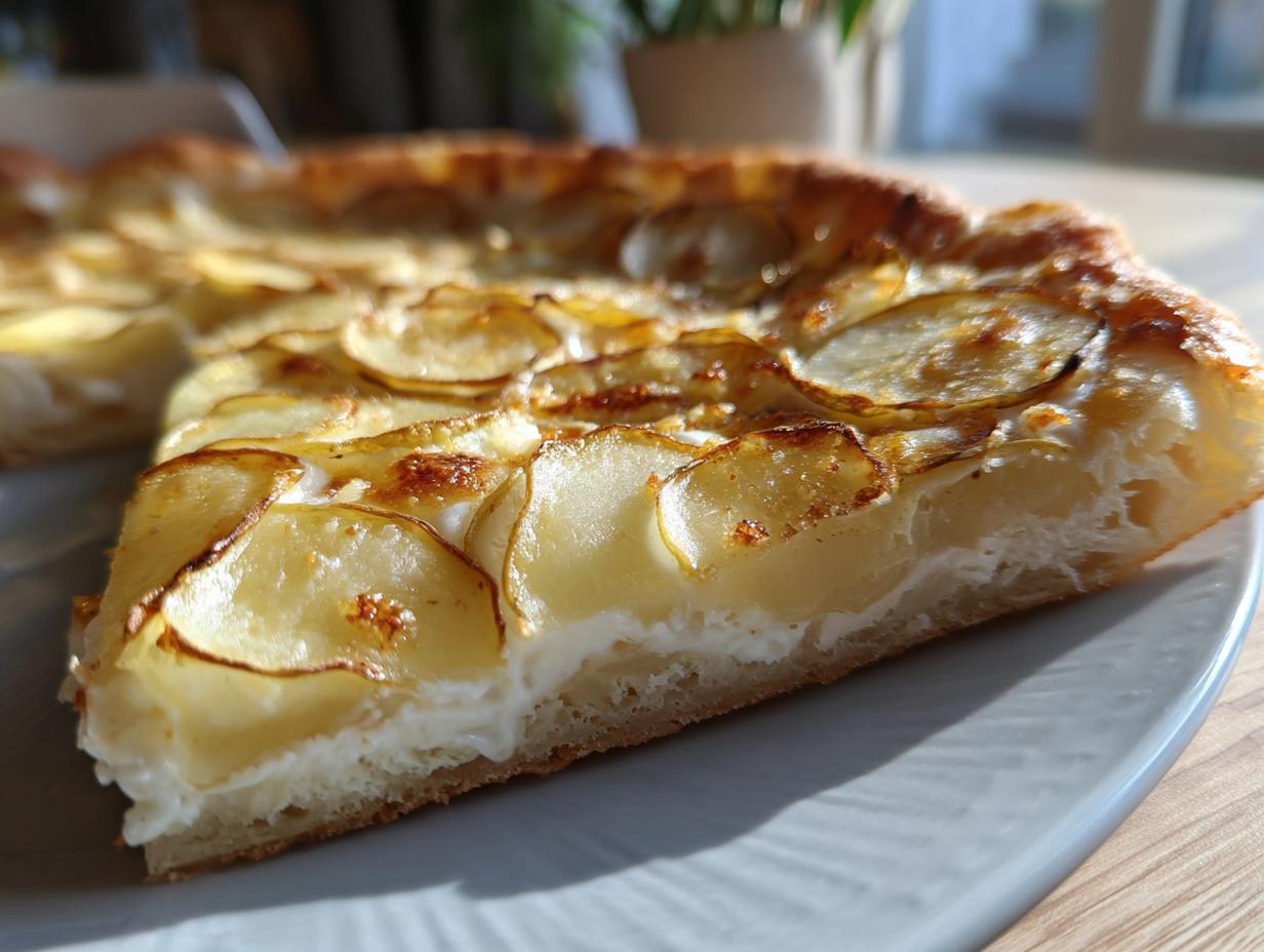 Nahaufnahme eines Stücks Kartoffelpizza mit dünn geschnittenen, goldbraun gebackenen Kartoffelscheiben auf einer cremigen Basis.