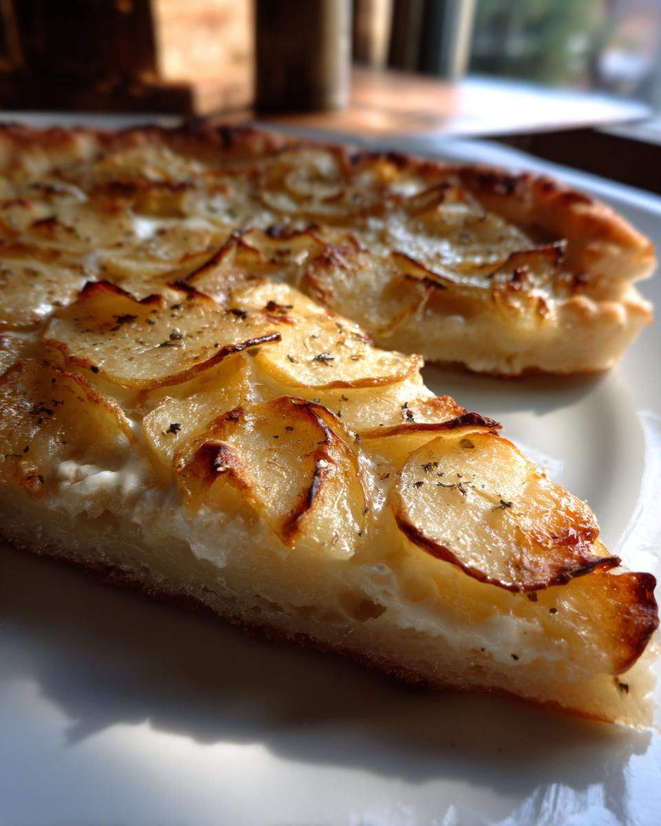 Nahaufnahme eines Kuchenschnitts der Kartoffelpizza mit dünn geschnittenen, leicht gebräunten Kartoffelscheiben auf cremigem Belag.