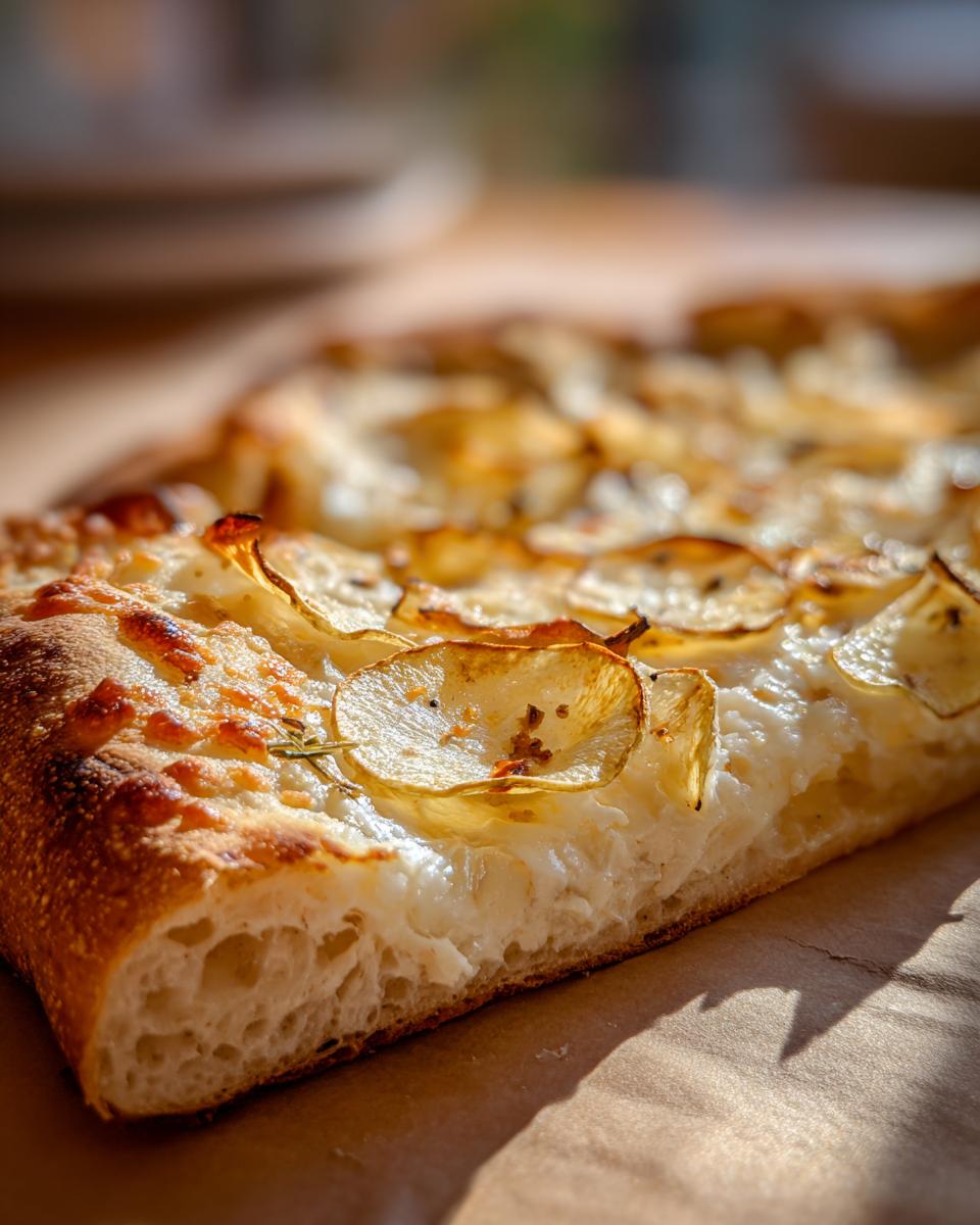 Nahaufnahme des knusprigen Randes und der cremigen Füllung einer selbstgemachten Kartoffelpizza mit dünnen, gebackenen Kartoffelscheiben.