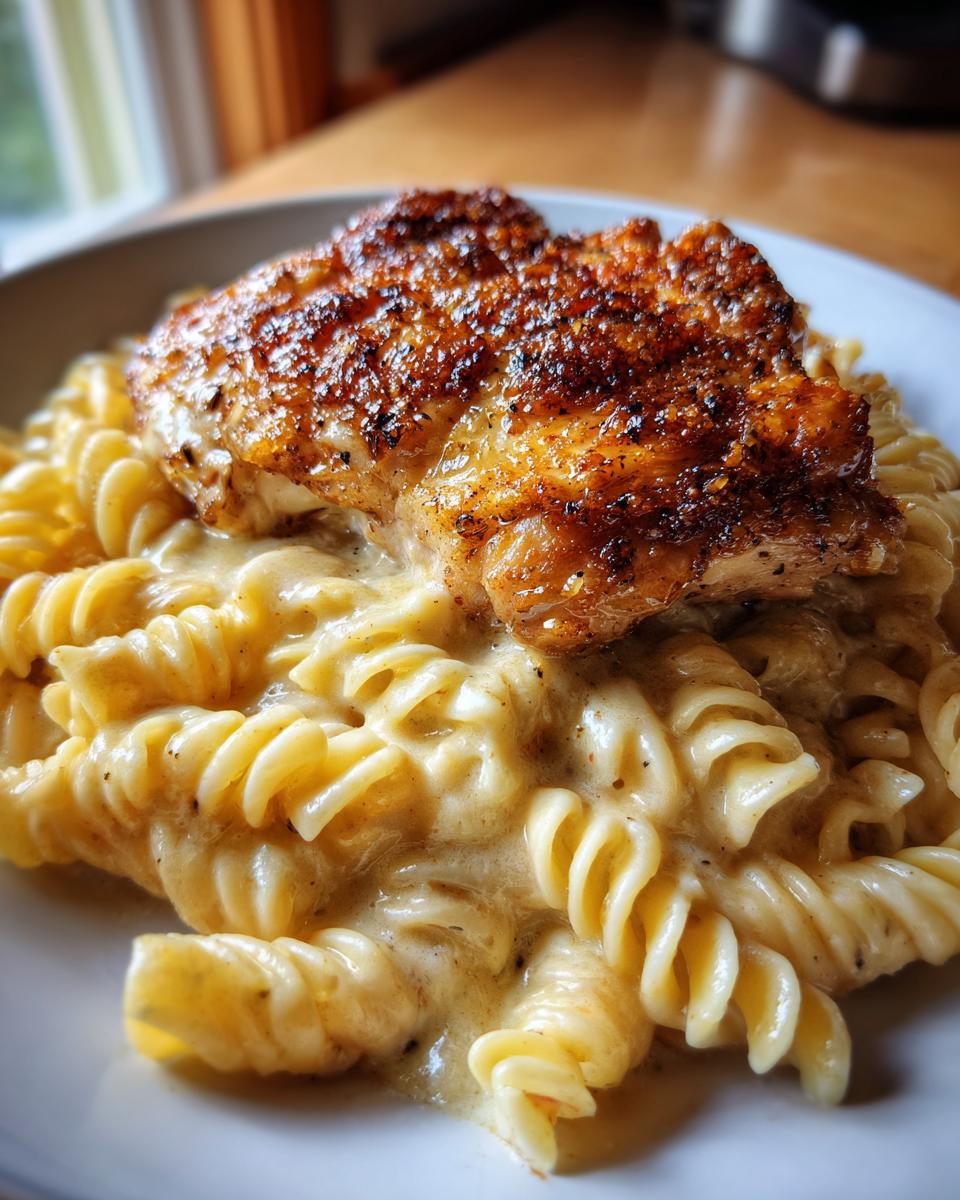 Knuspriges Hähnchen mit Gewürzkruste auf einer Portion cremiger Pasta (Fusilli) in einer hellen Soße.