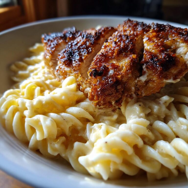 Knuspriges Hähnchen mit cremiger Pasta in einer Schüssel, Nahaufnahme des panierten Hähnchens auf Spiralnudeln.