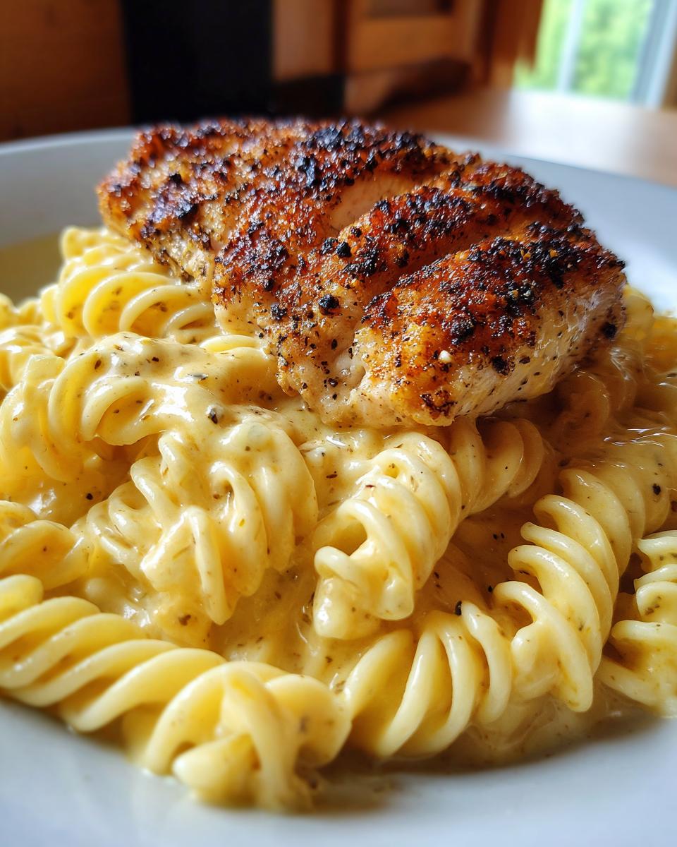 Nahaufnahme von Knuspriges Hähnchen mit cremiger Pasta, bestehend aus gebratenem Hähnchenbrustfilet auf Fusilli-Nudeln in cremiger Soße.