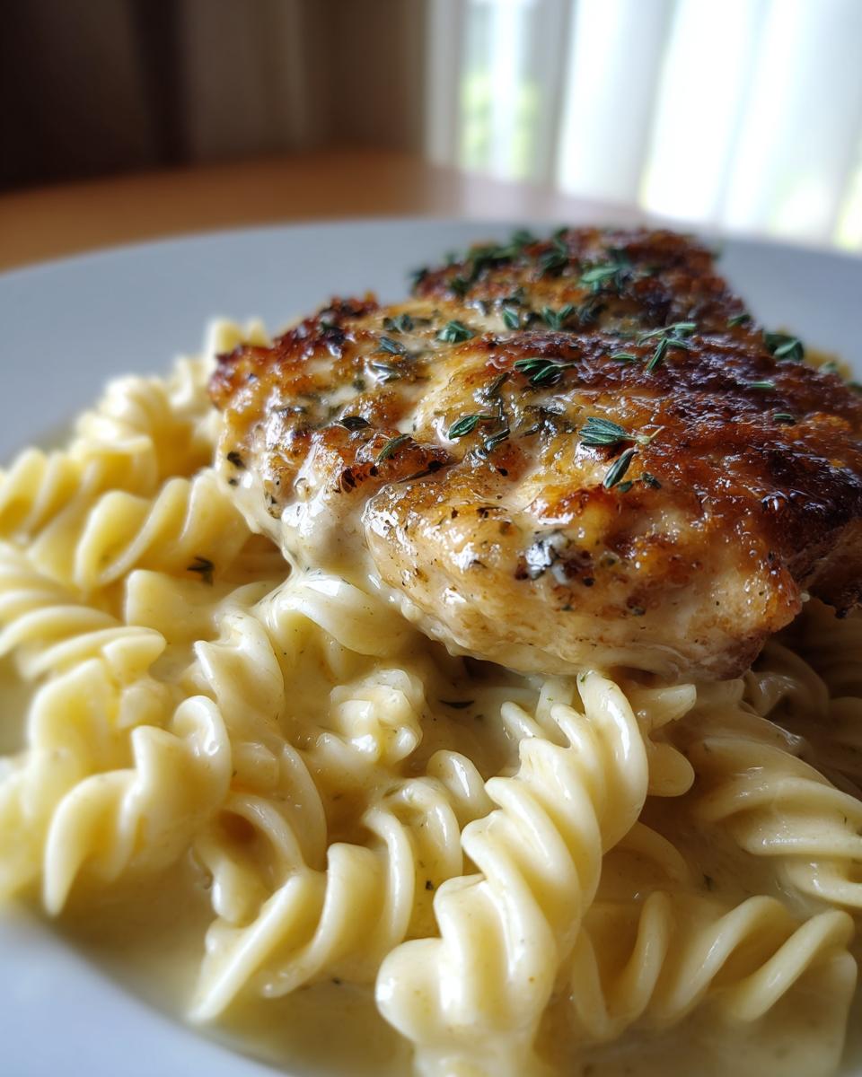 Knuspriges Hähnchen mit cremiger Pasta, bestehend aus gebratenem Hähnchenbrustfilet auf Fusilli in heller Sahnesauce.