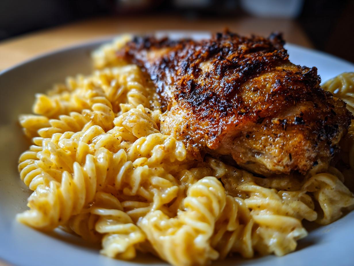 Nahaufnahme von Knuspriges Hähnchen mit cremiger Pasta, bestehend aus knusprigem Hähnchenbrustfilet auf Fusilli in cremiger Soße.