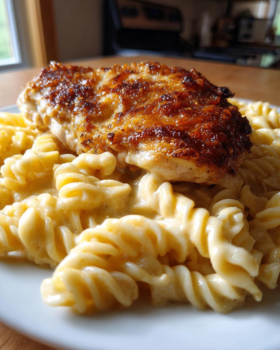 Knuspriges Hähnchen mit einer goldbraunen Kruste auf einer Portion cremiger Pasta (Fusilli).