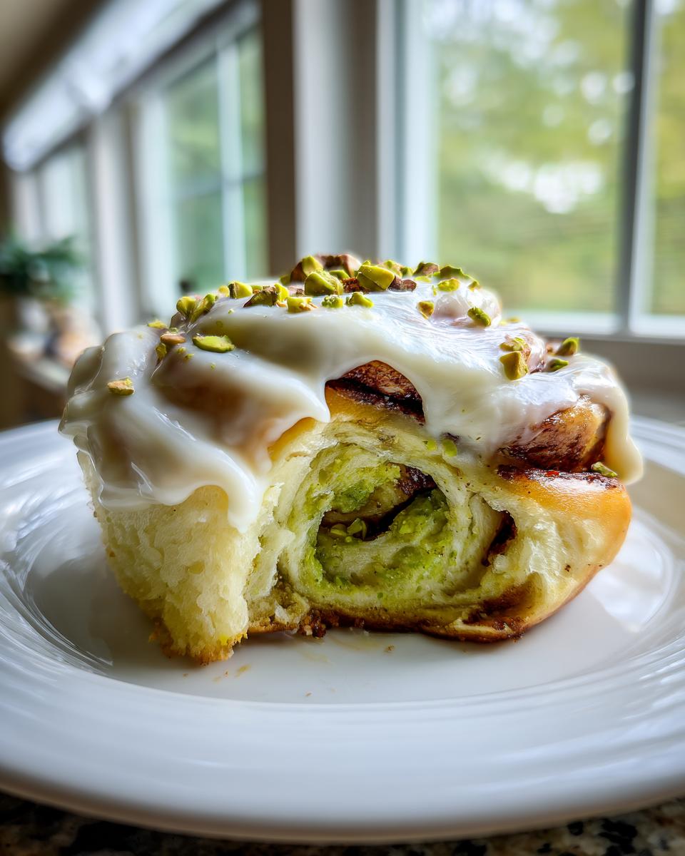 Nahaufnahme einer angeschnittenen Köstliche Pistazien-Zimtschnecken mit grüner Pistazienfüllung und weißem Zuckerguss.