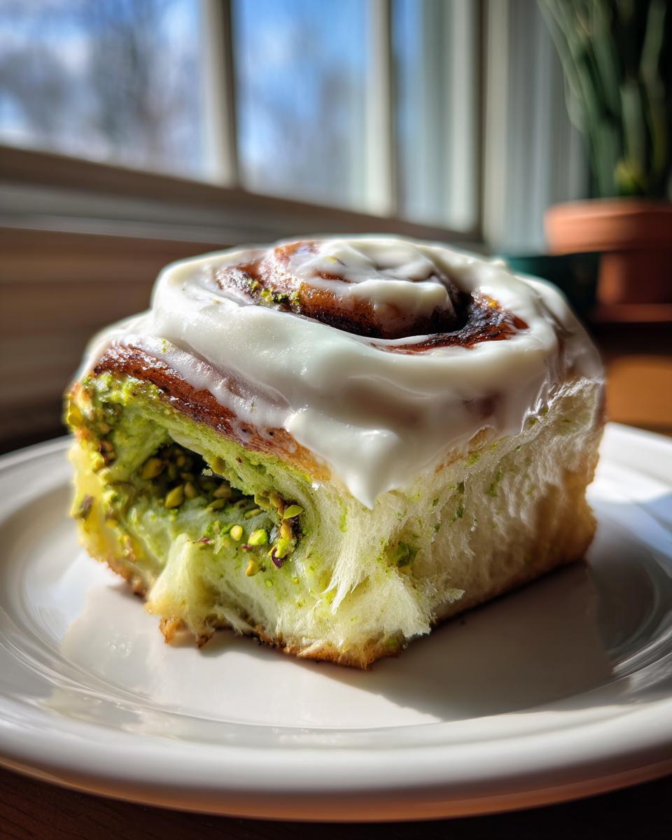 Nahaufnahme einer einzelnen, saftigen Pistazien-Zimtschnecke mit weißem Zuckerguss auf einem weißen Teller.
