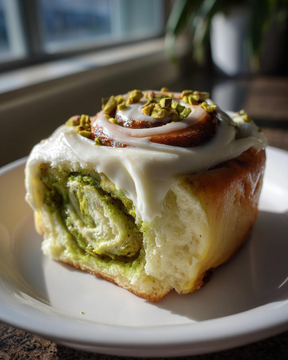 Nahaufnahme einer köstlichen Pistazien-Zimtschnecken mit grün gefülltem Inneren und weißem Zuckerguss.