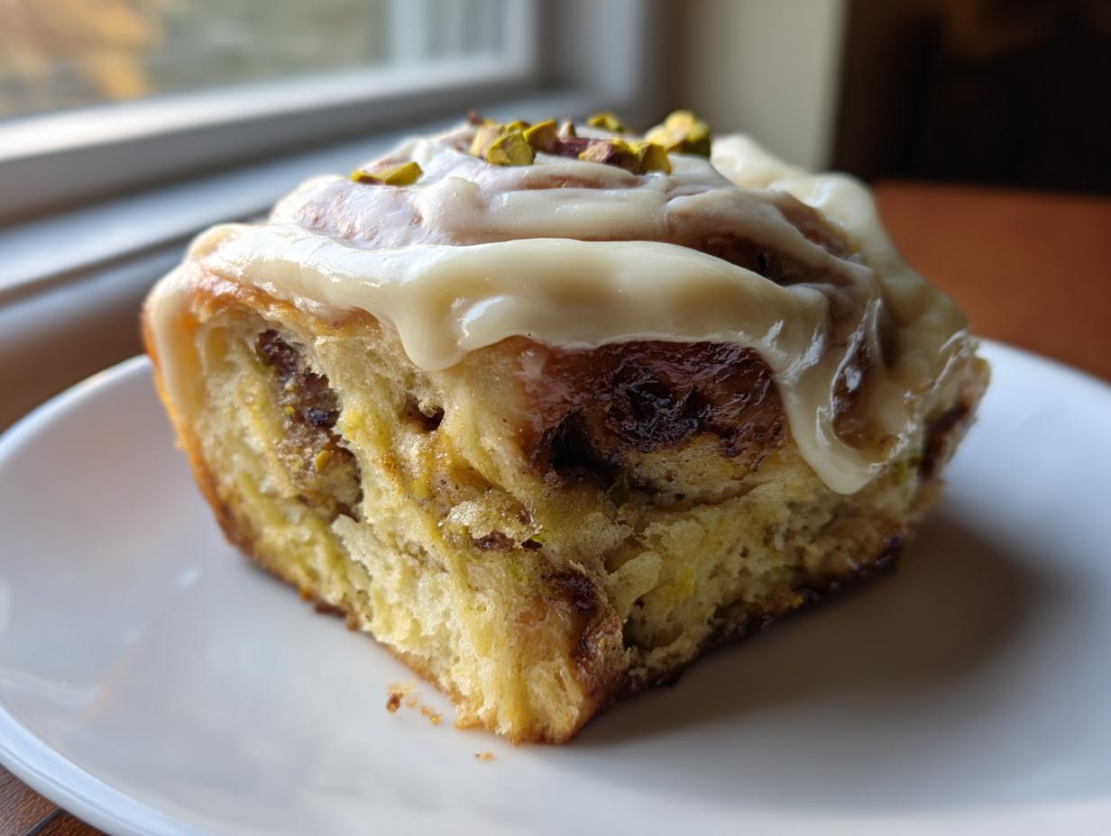 Eine einzelne, glasierte Pistazien-Zimtschnecke mit gehackten Pistazien obenauf, auf einem weißen Teller.
