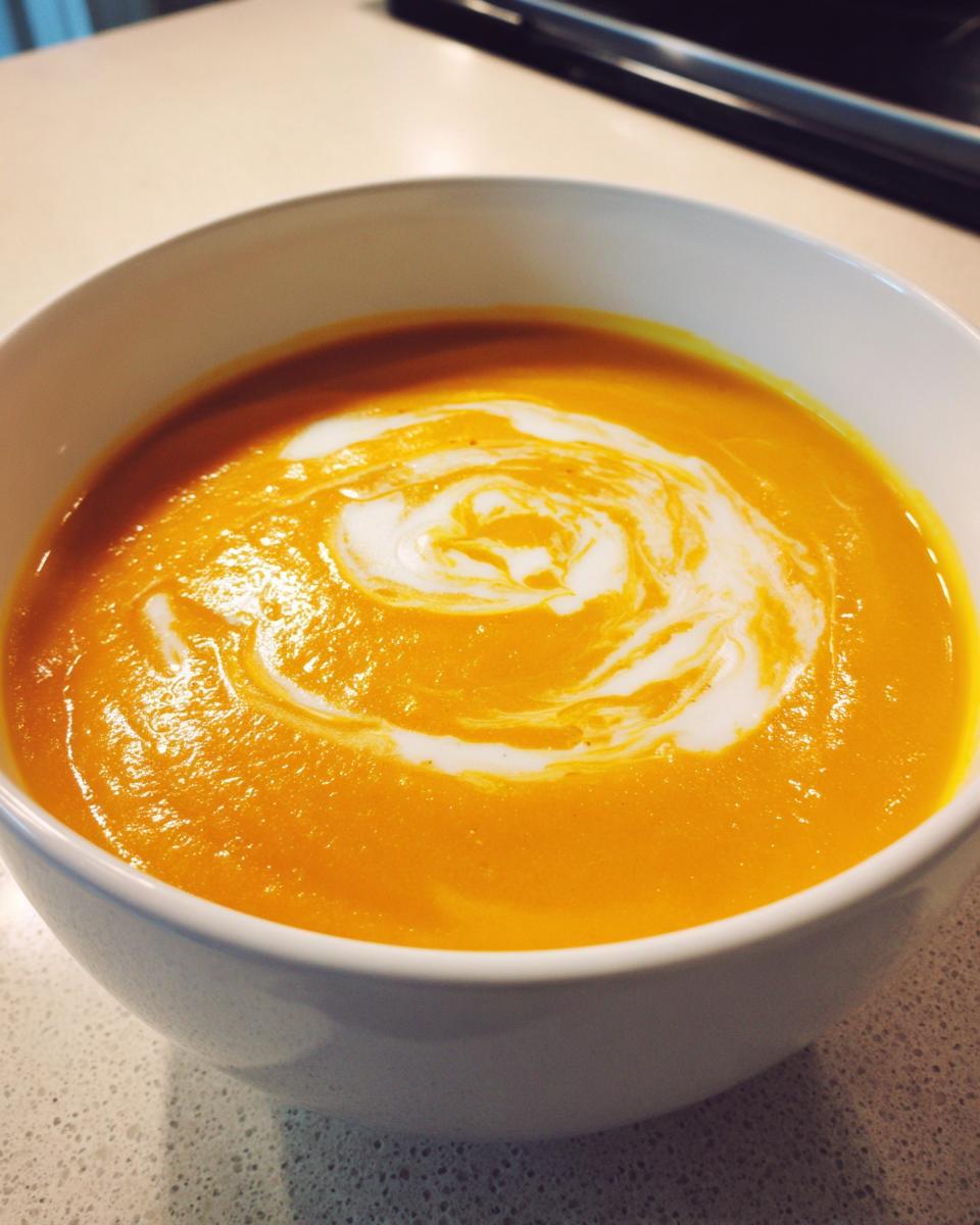 Nahaufnahme einer leuchtend orangefarbenen Kürbissuppe, verziert mit einem dekorativen Wirbel aus weißer Sahne in einer weißen Schüssel.
