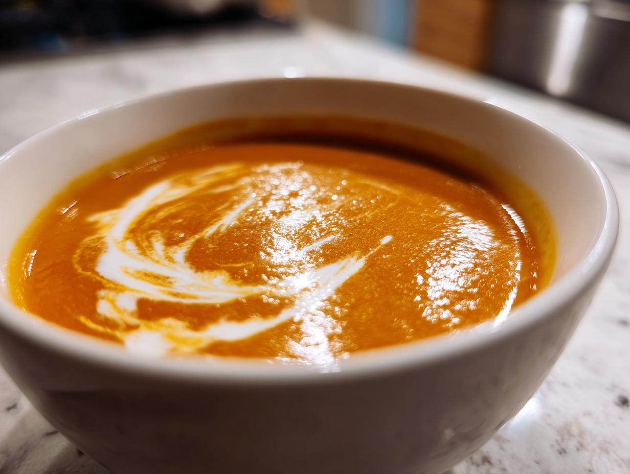 Nahaufnahme einer cremigen, orangefarbenen Kürbissuppe, verziert mit einem weißen Wirbel aus Sahne in einer weißen Schüssel.
