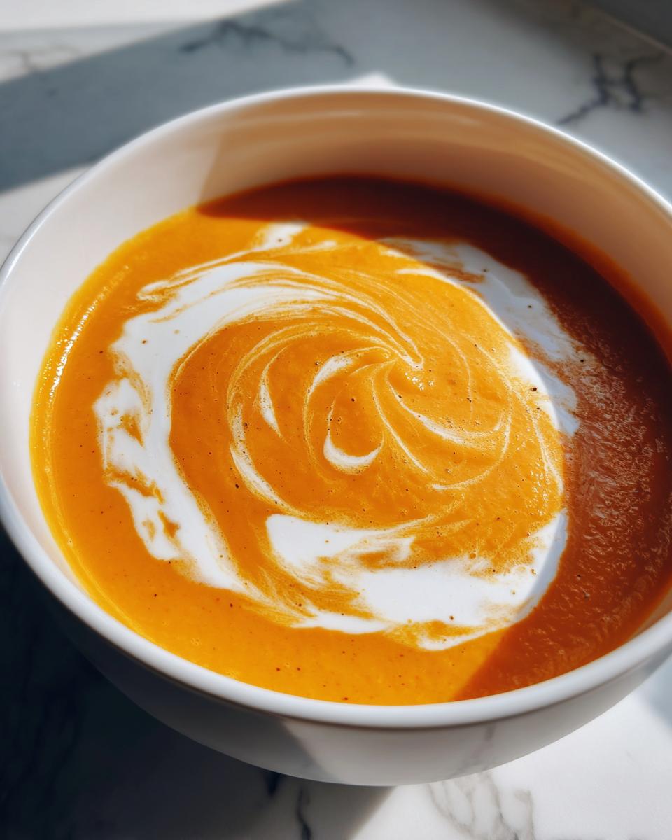 Nahaufnahme einer leuchtend orangefarbenen Kürbissuppe mit einem kunstvollen Wirbel aus weißer Sahne.