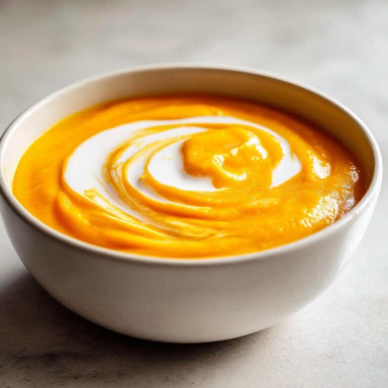 Nahaufnahme einer leuchtend orangen Kürbissuppe in einer weißen Schüssel, verziert mit einem weißen Sahnewirbel.