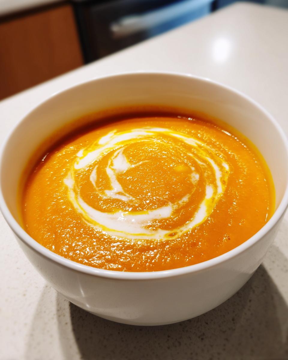 Eine Schüssel leuchtend oranger Kürbissuppe, verziert mit einem Wirbel aus Sahne.