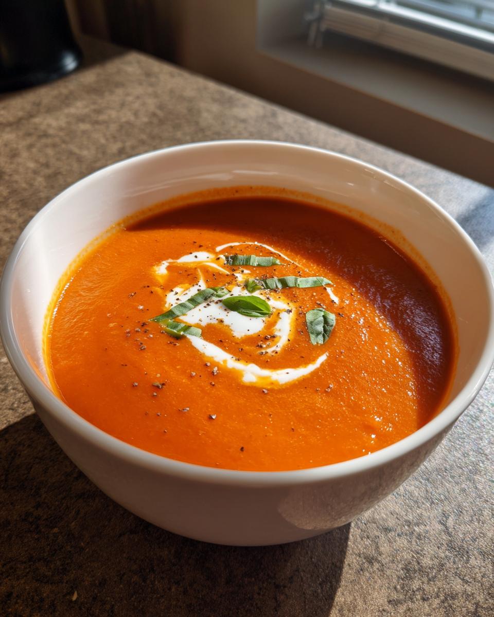 Nahaufnahme einer Schüssel mit leckerer cremiger Tomatensuppe, garniert mit Sahne und Basilikum.