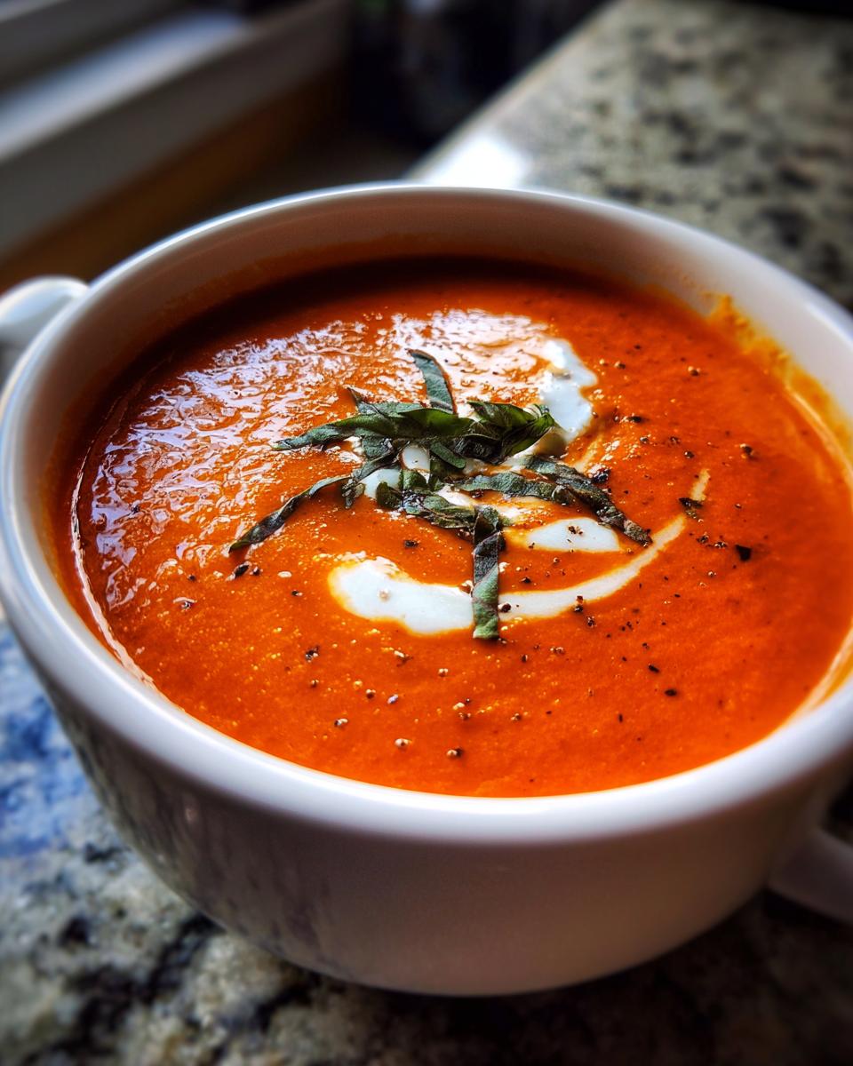 Nahaufnahme einer leckeren cremigen Tomatensuppe, garniert mit Sahne und Basilikum.