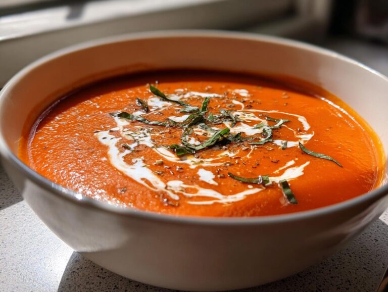 Nahaufnahme einer Schüssel mit leckerer cremiger Tomatensuppe, garniert mit einem Sahne-Swirl und frischem Basilikum.