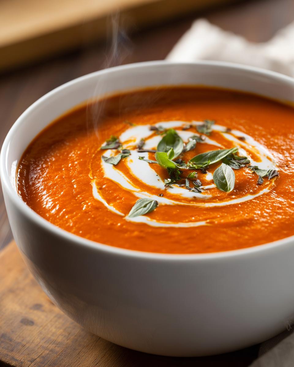 Nahaufnahme einer dampfenden Schüssel Leckere cremige Tomatensuppe, verziert mit einem Sahnewirbel und frischem Basilikum.