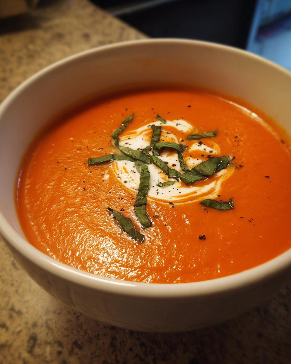 Nahaufnahme einer Schüssel mit leckerer cremiger Tomatensuppe, garniert mit einem Klecks Sahne, Basilikum und Pfeffer.
