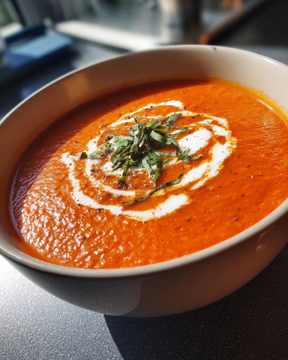 Nahaufnahme einer Schüssel mit leckerer cremiger Tomatensuppe, garniert mit einem Sahnewirbel und frischem Basilikum.