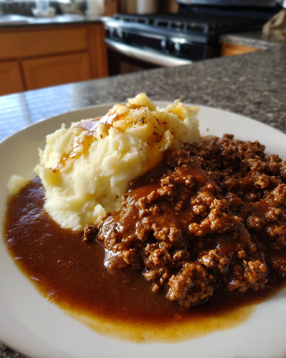 Teller mit Leckeres Hackfleisch in Bratensoße und cremigem Kartoffelpüree, übergossen mit Soße.