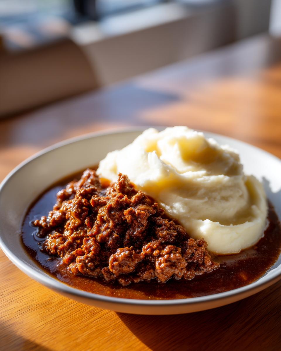 Teller mit Leckeres Hackfleisch in Bratensoße und einem großen Klecks cremigem Kartoffelpüree.