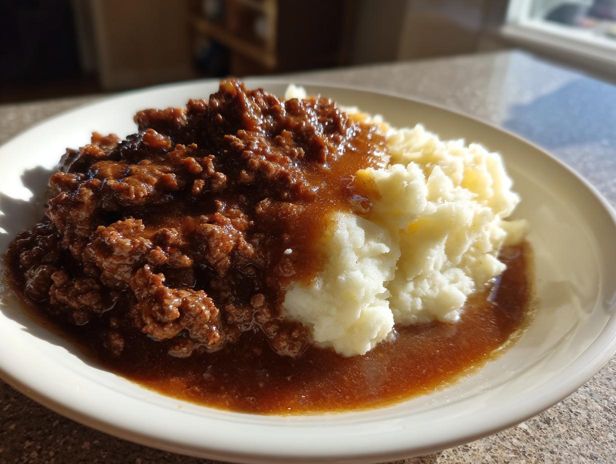 Teller mit Leckeres Hackfleisch in Bratensoße und cremigem Kartoffelpüree.