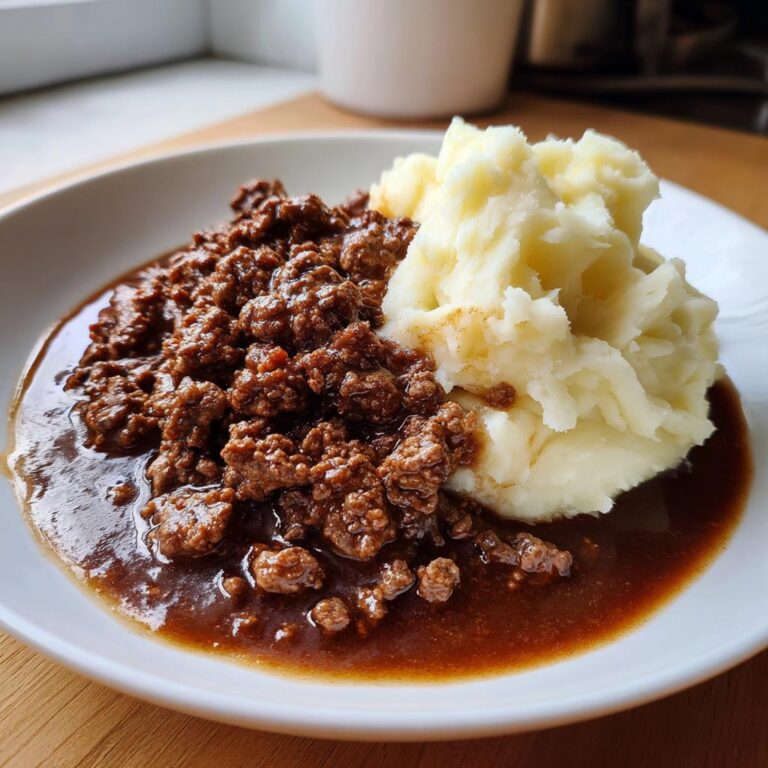 Teller mit Leckeres Hackfleisch in Bratensoße und cremigem Kartoffelpüree.