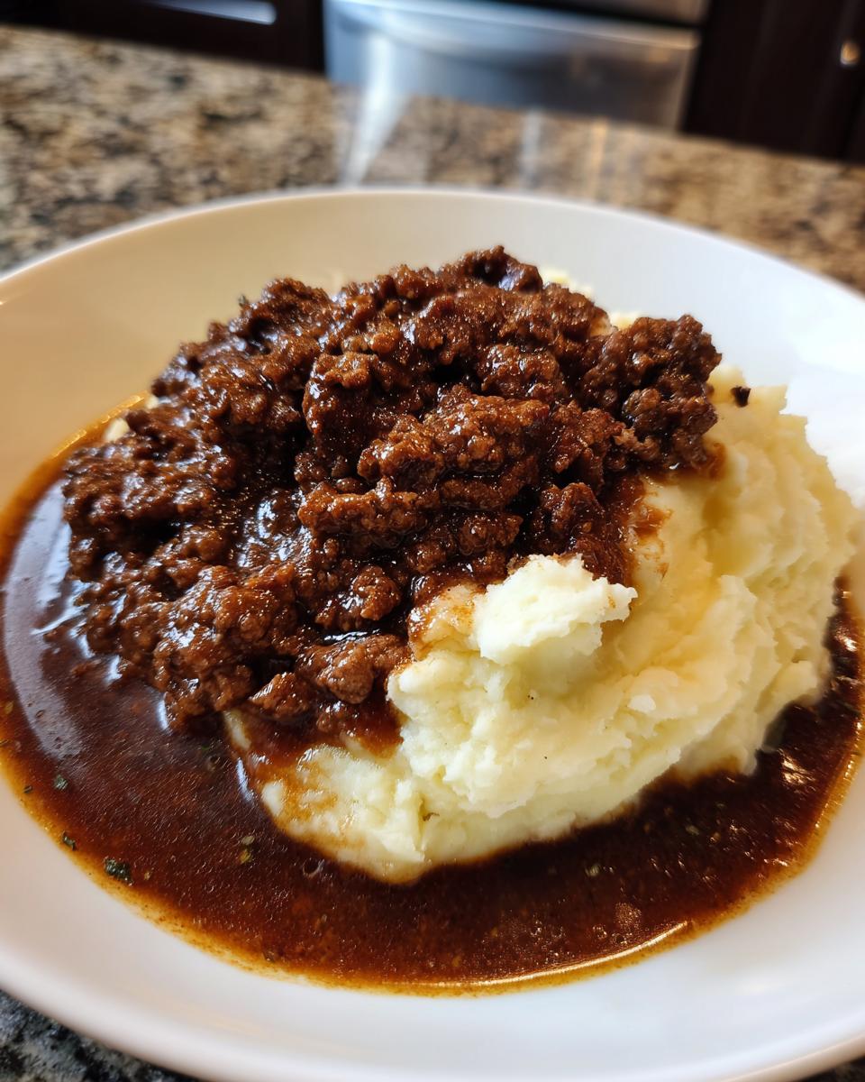 Teller mit Leckeres Hackfleisch in Bratensoße über cremigem Kartoffelpüree, umgeben von dunkler Soße.