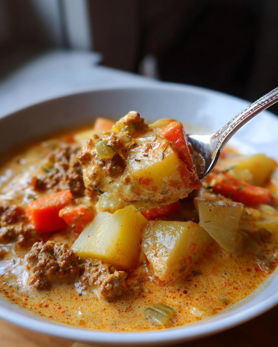 Ein Löffel voller cremigen Wikingertopf einfach selber machen mit Kartoffeln, Hackfleisch und Karotten.