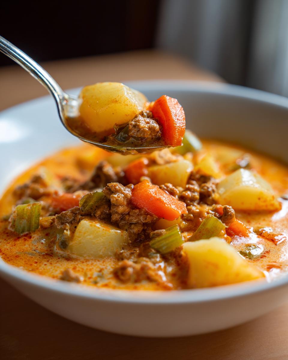Ein Löffel voll cremigen Wikingertopf mit Hackfleisch, Kartoffeln und Karotten wird aus der Schüssel gehoben.