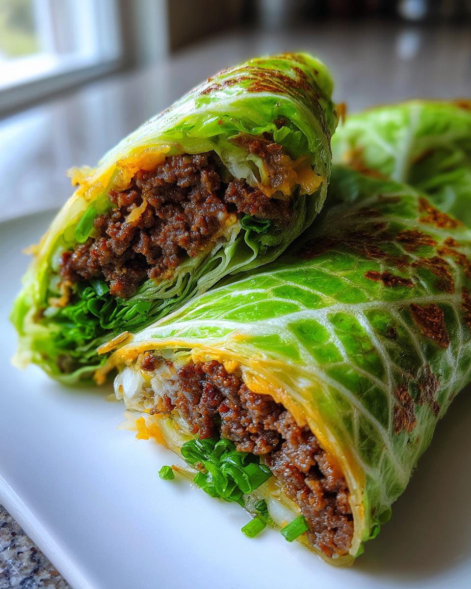 Nahaufnahme von zwei angeschnittenen Low Carb Big Mac Rolle, gefüllt mit gewürztem Hackfleisch und frischen Zutaten, umwickelt in Kohlblatt.