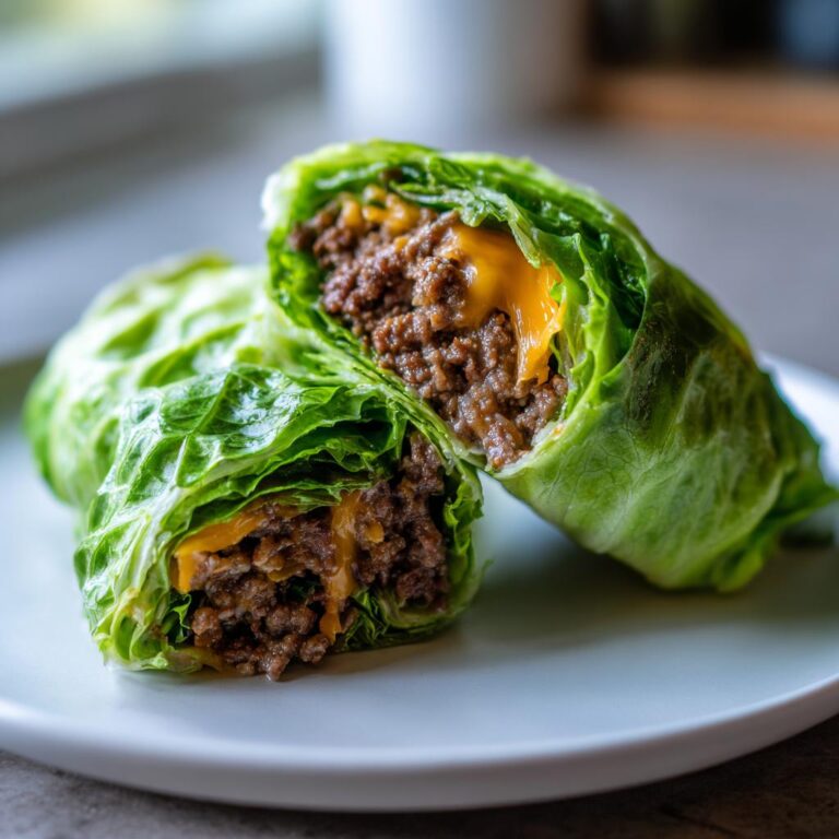 Zwei Hälften einer Low Carb Big Mac Rolle mit Hackfleisch und geschmolzenem Käse, umwickelt in knackigem Salatblatt.