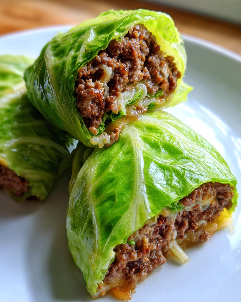 Nahaufnahme von zwei Hälften der Low Carb Big Mac Rolle mit frischen Zutaten, gefüllt mit Hackfleisch und Käse, umwickelt in Kohlblättern.